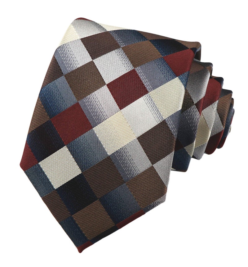 Secdtie Men's Classic Checks Dark Blue Grey Jacquard Woven Silk Tie Necktie (One Size, Brown) - Image 4